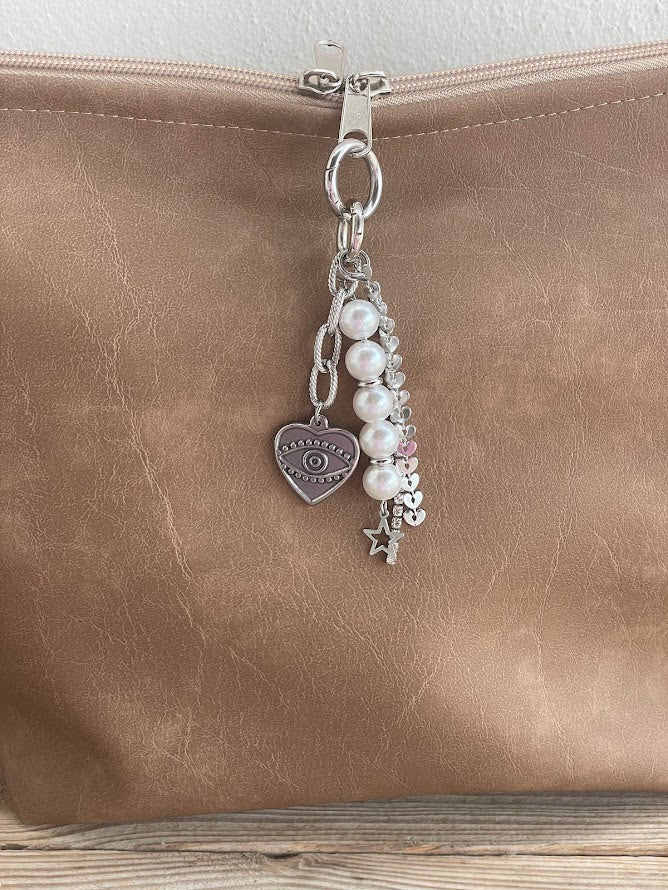 Bijou de Sac Perles Nacrées et Coeur - Acier Inoxydable - Accessoire Sac