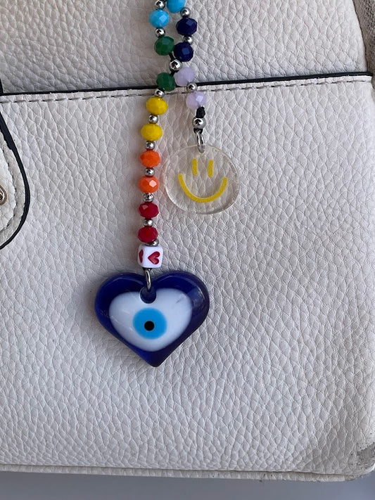 Εvil Eye Smiley Face Bag Charm - Beaded Bag Charm - Stainless Bag Charm - Greek Gift
