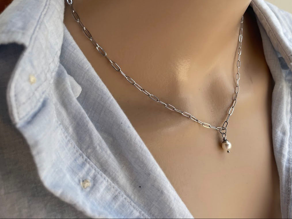 Collier tube et perle Swarovski en acier inoxydable