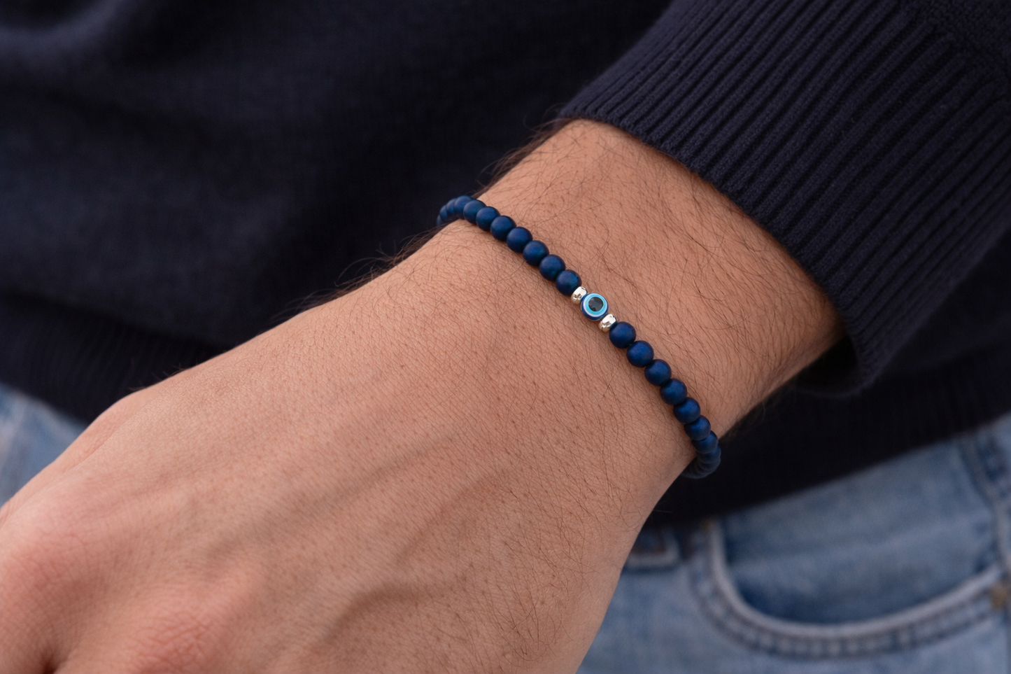 Bracelet hématite oeil bleu pour hommes - Bracelet de protection pour lui - Cadeau pour lui