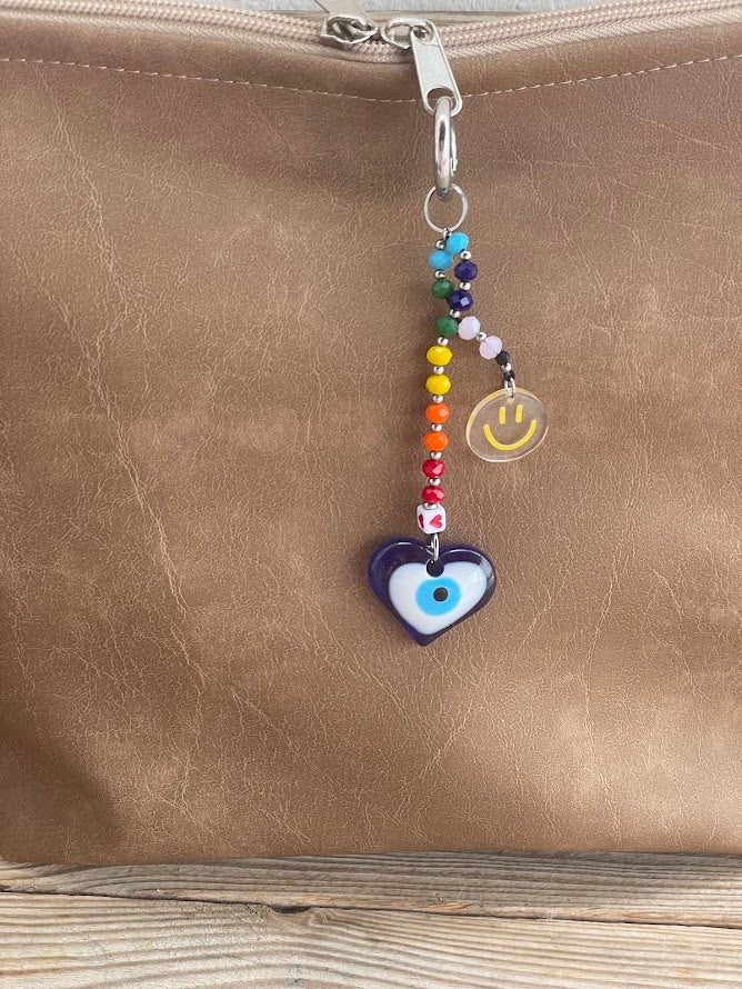 Εvil Eye Smiley Face Bag Charm - Beaded Bag Charm - Stainless Bag Charm - Greek Gift