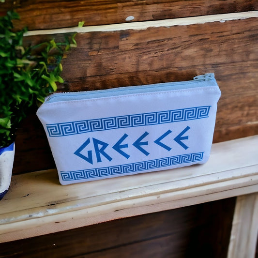 Blue Pouch with Words Greece - Handmade Zipper Bag - Made in Greece