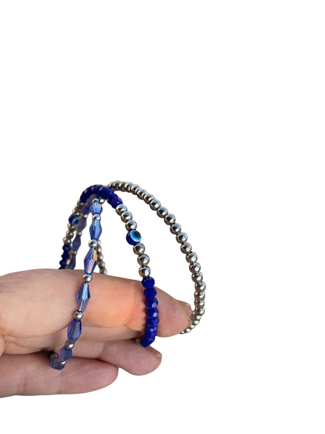 Blue Beaded Evil Eye Memory Wire Bracelet