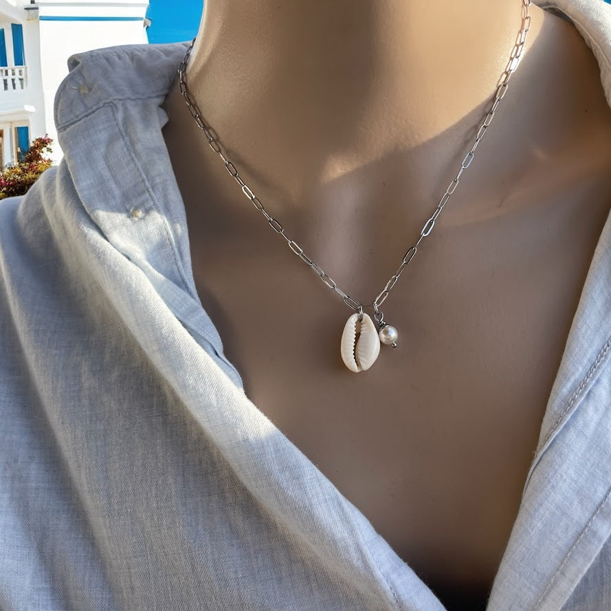 Collier coquillage Cauris & perle Swarovski