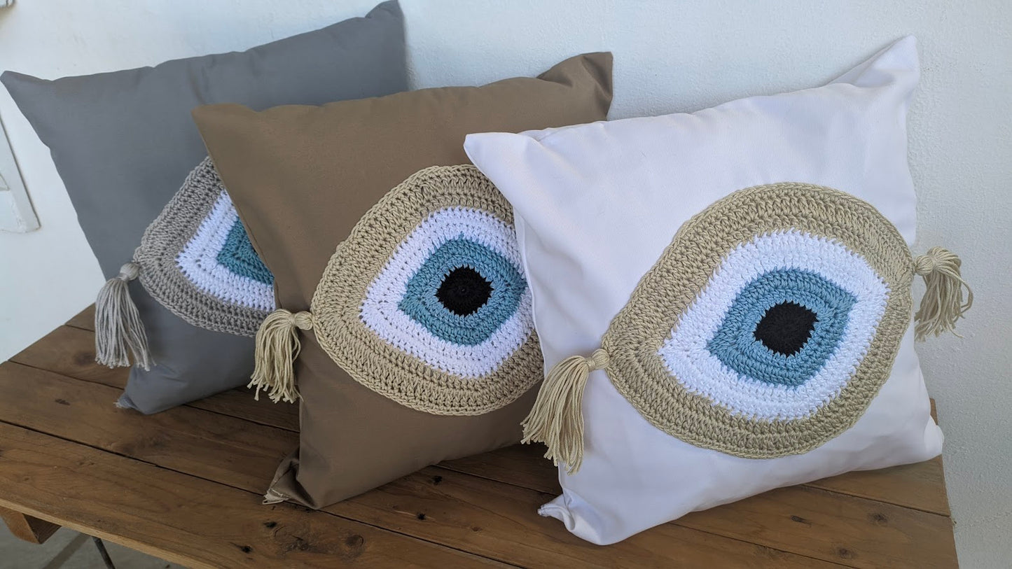 Housse de Coussin Oeil Bleu au Crochet - Décoration Maison
