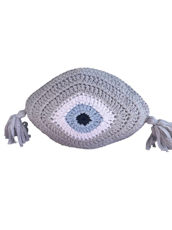Coussin Oeil Bleu Pompon au Crochet - Disponible Dans Deux Tailles