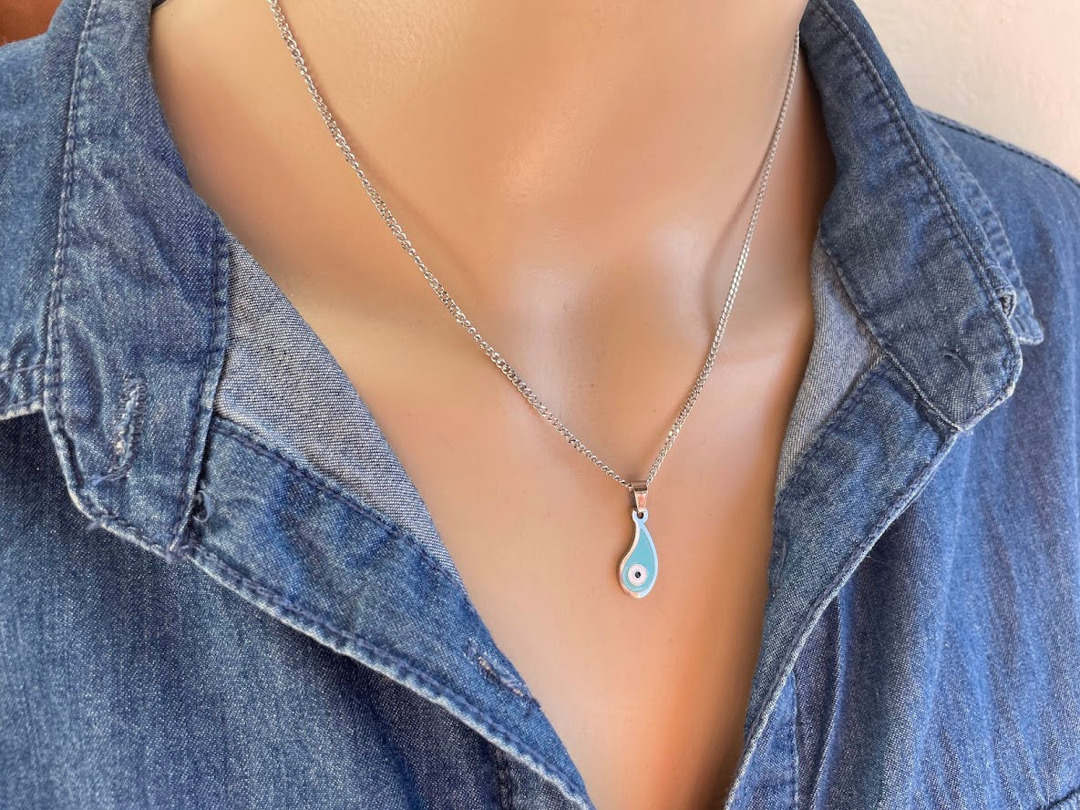 Enamel Evil Eye Drop Necklace - Stainless jewelry - Gift for her -