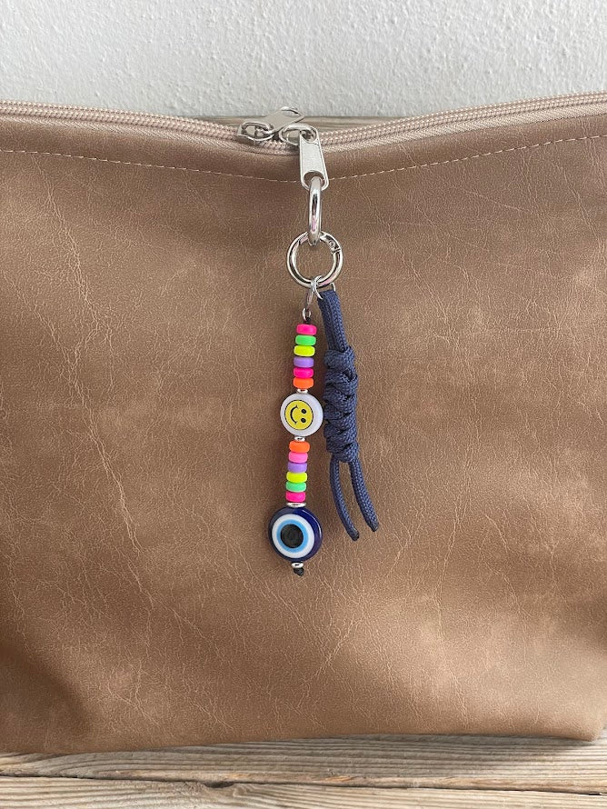 Evil Eye Smiley Face Bag Charm with Multicolor Rubber Beads