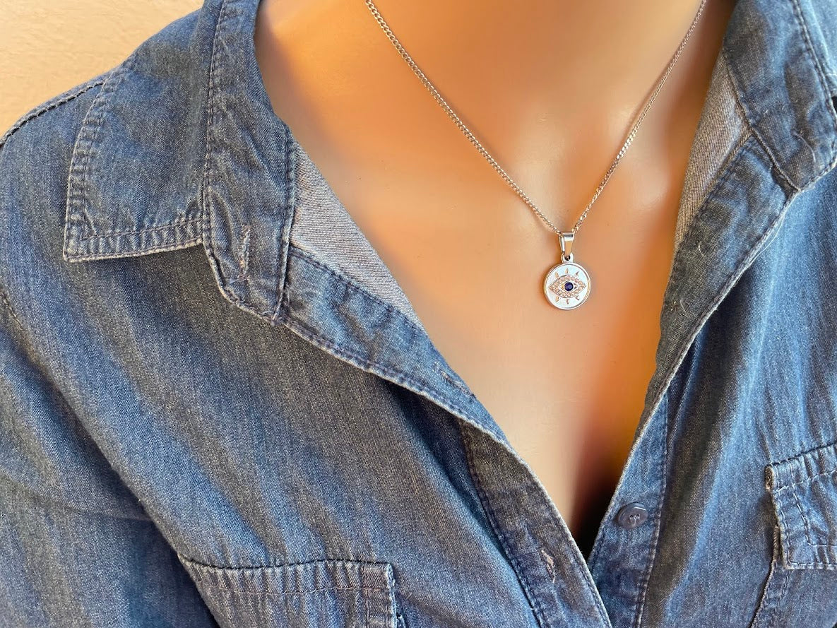 Evil eye CZ pendant - Greek necklace - Stainless Steel Necklace