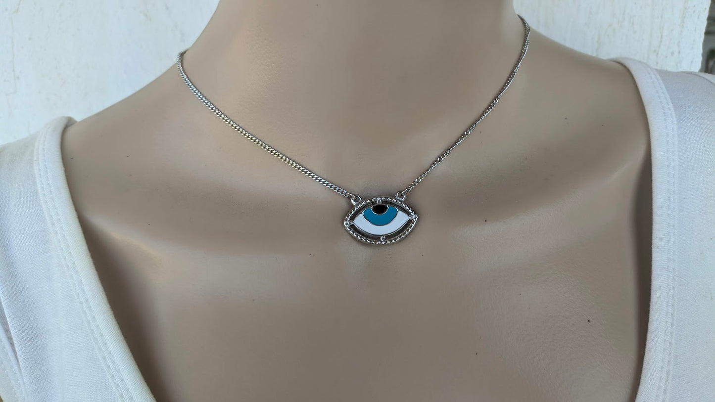 Enamel Evil Eye Necklace - Stainless Steel Necklace - Greek Gift
