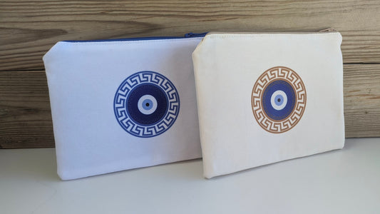 Greek Key Evil Eye Handmade Pouch - Zipper Bag - Made in Greece - Meander pouch