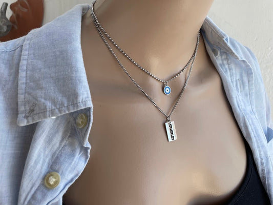 Collier Oeil Bleu et Motif Grec Superposés