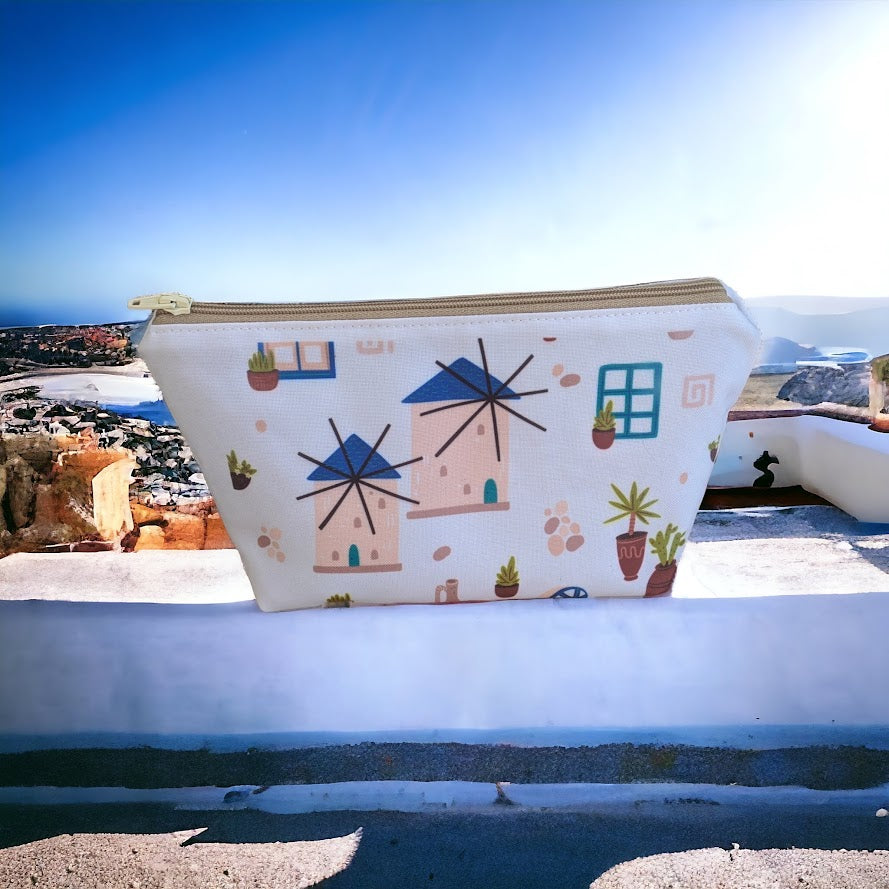 Greek Windmills Printed Cosmetic Bag - Greek Gifts - Handmade in Greece