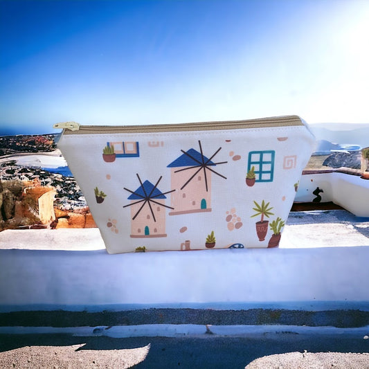 Greek Windmills Printed Cosmetic Bag - Greek Gifts - Handmade in Greece