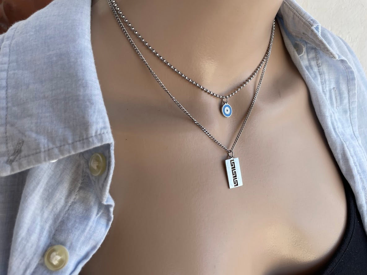 Collier Oeil Bleu et Motif Grec Superposés