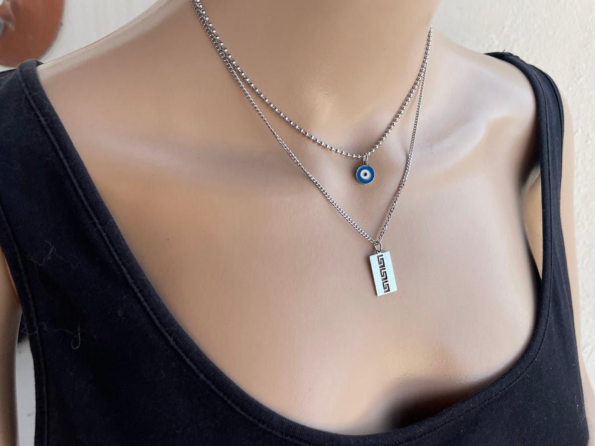 Collier Oeil Bleu et Motif Grec Superposés