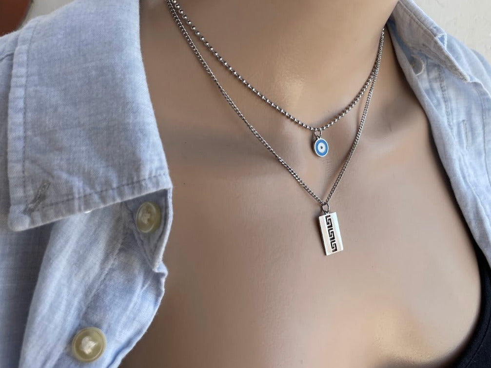Collier Oeil Bleu et Motif Grec Superposés