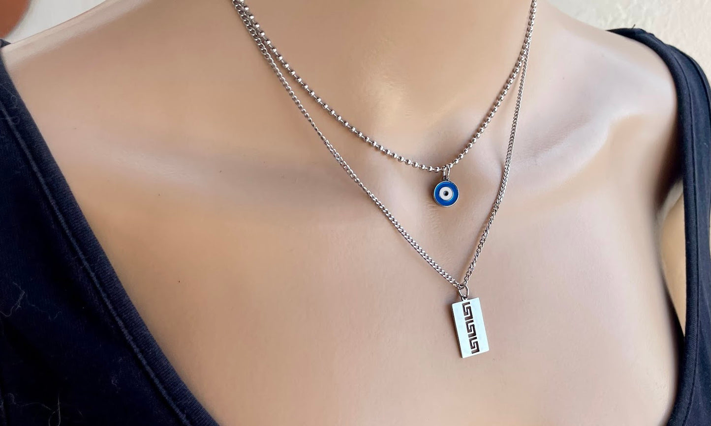 Collier Oeil Bleu et Motif Grec Superposés