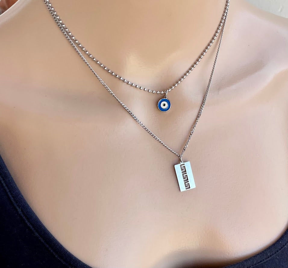 Collier Oeil Bleu et Motif Grec Superposés