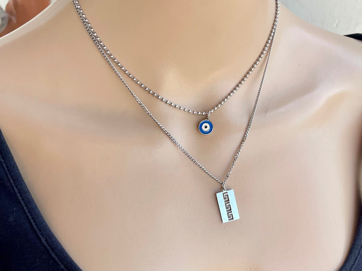 Collier Oeil Bleu et Motif Grec Superposés