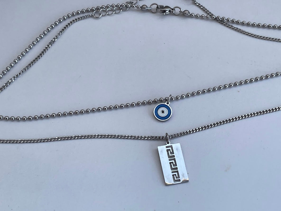 Collier Oeil Bleu et Motif Grec Superposés