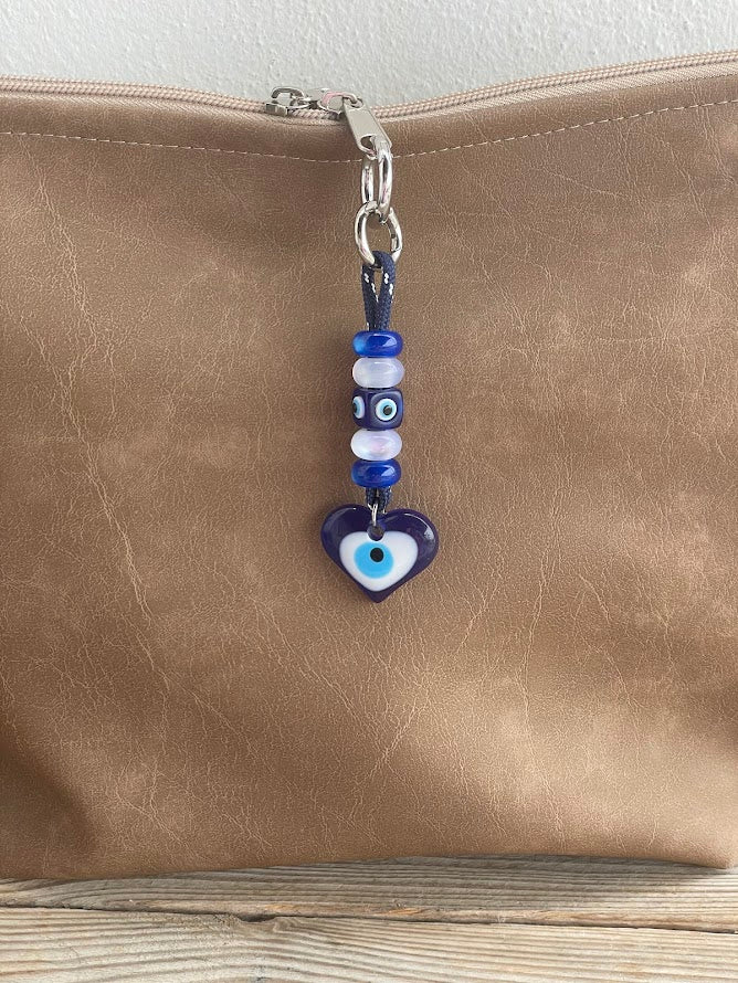 Heart Evil Eye Bag Charm - Beaded Bag Charm -