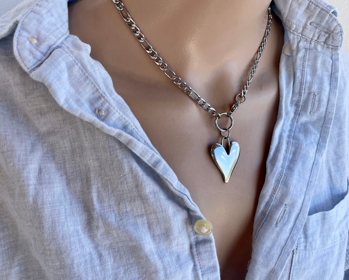 Collier Coeur Chaine Figaro en Acier Pour Femme