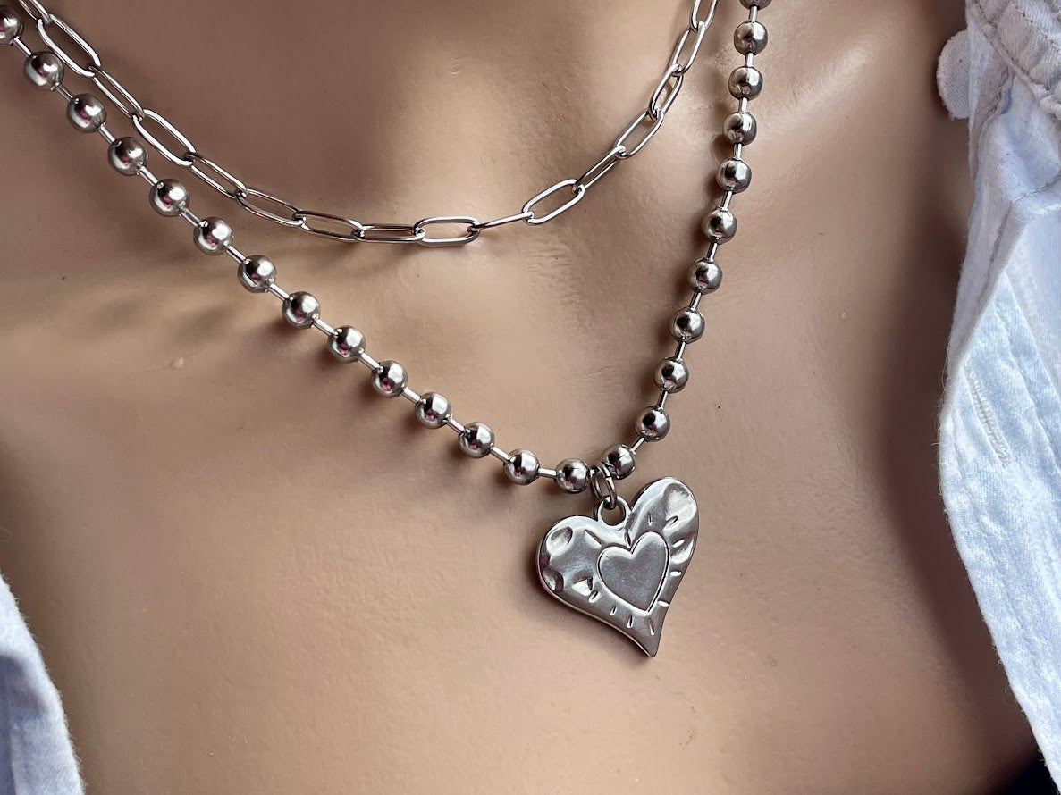 Collier Coeur Chaine Figaro en Acier Pour Femme