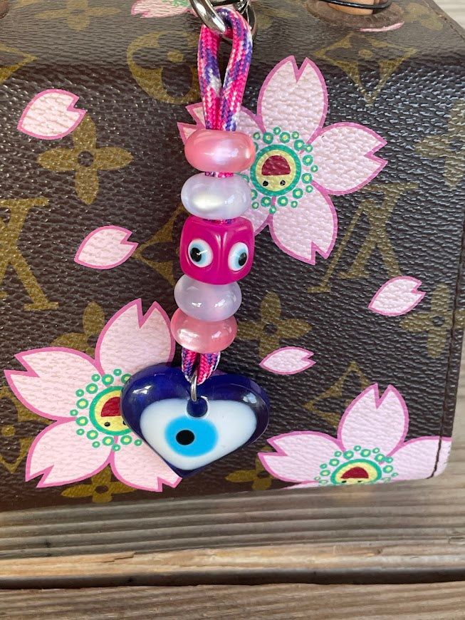 Heart Evil Eye Bag Charm - Beaded Bag Charm -