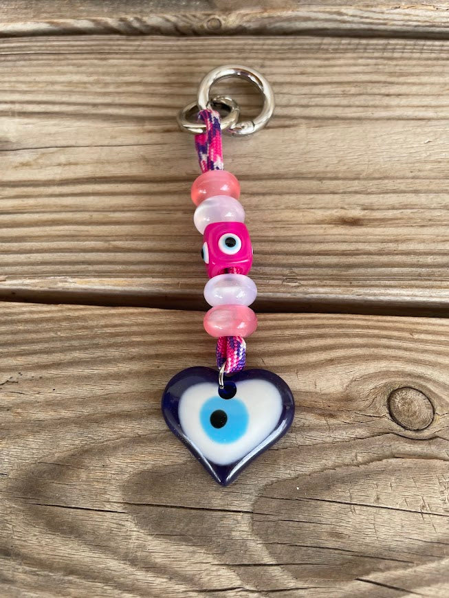 Heart Evil Eye Bag Charm - Beaded Bag Charm -