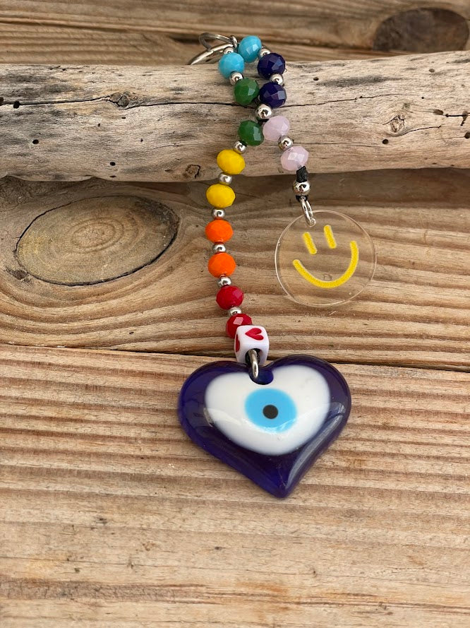 Εvil Eye Smiley Face Bag Charm - Beaded Bag Charm - Stainless Bag Charm - Greek Gift