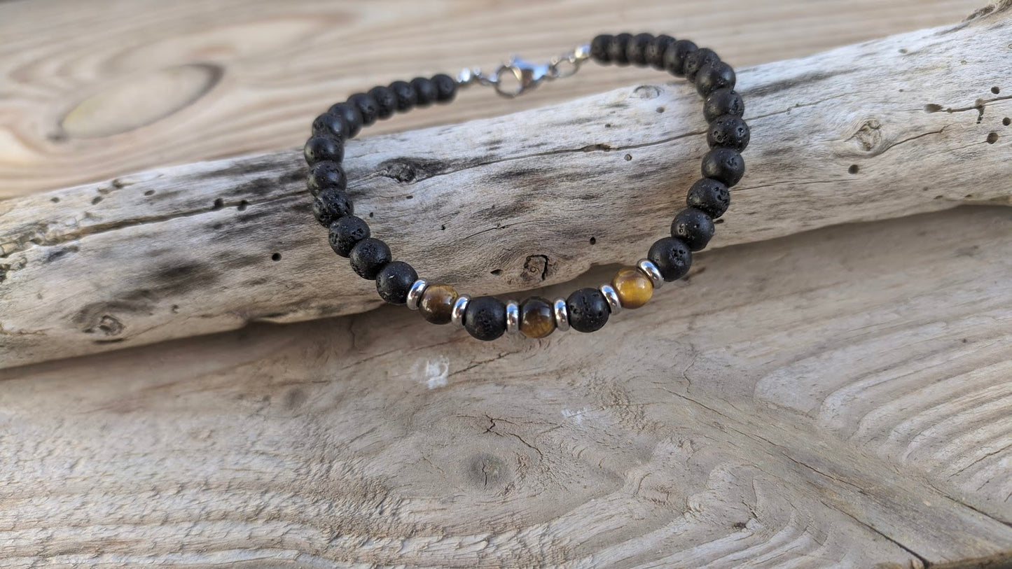 Bracelet homme en pierre de lave et œil de tigre - Cadeau pour lui