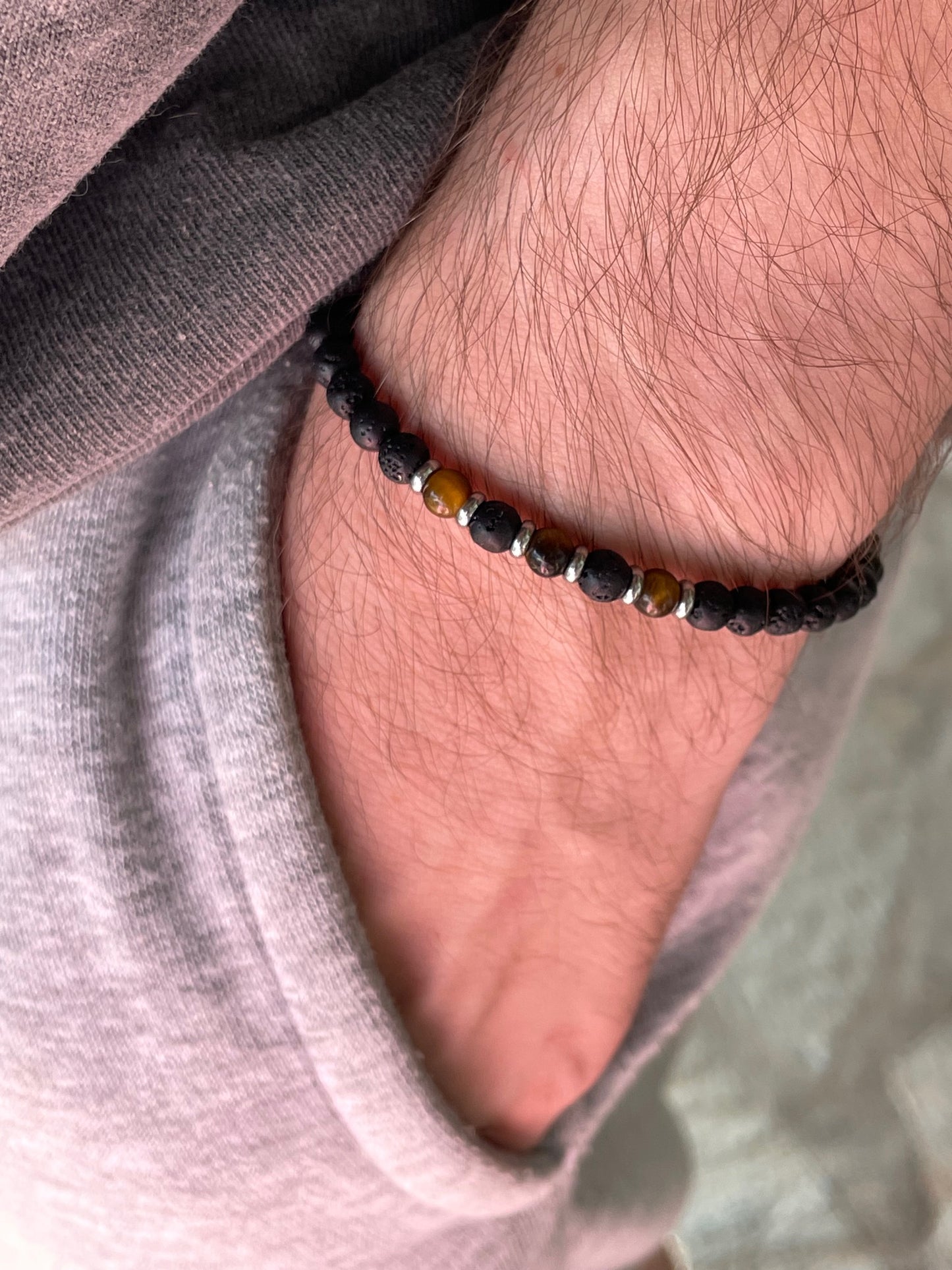 Bracelet homme en pierre de lave et œil de tigre - Cadeau pour lui
