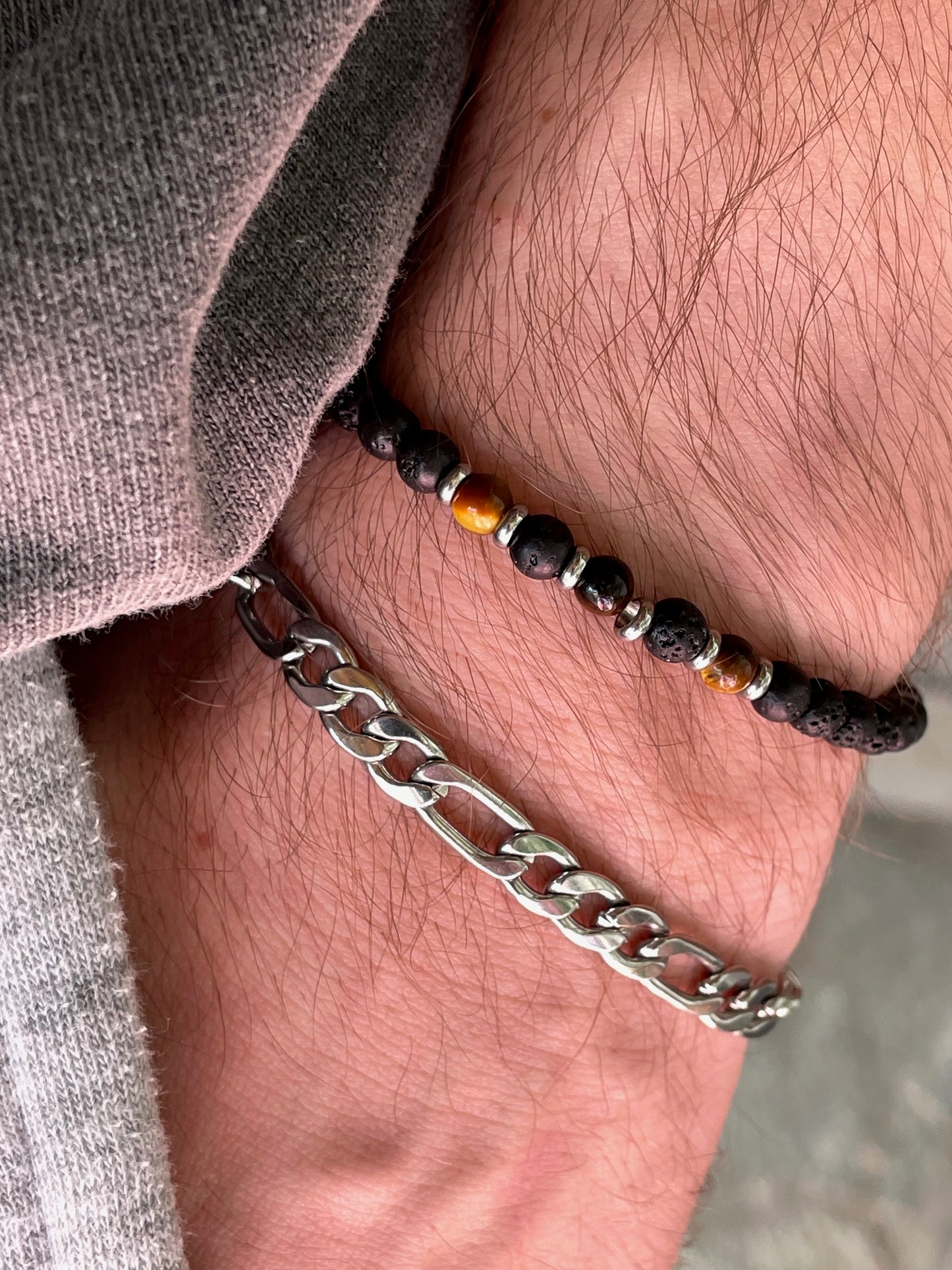 Bracelet homme en pierre de lave et œil de tigre - Cadeau pour lui