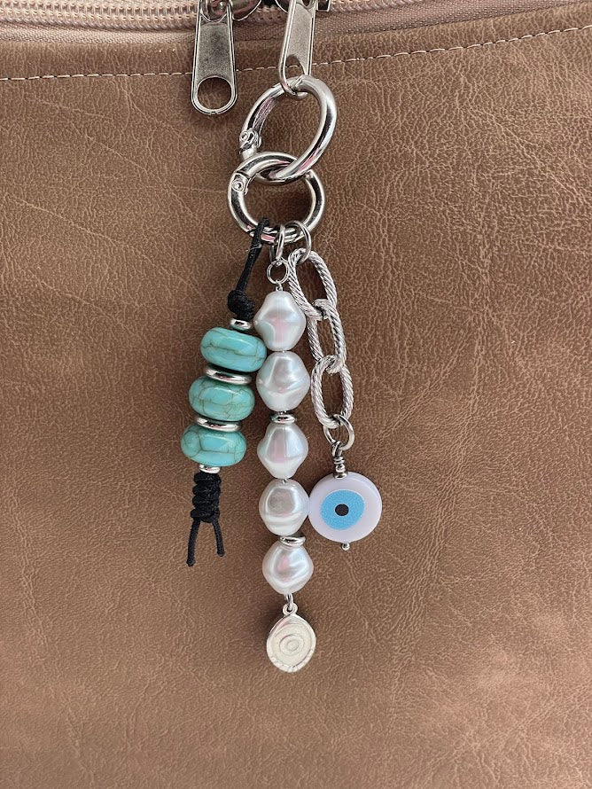 Pearls & Turquoise Evil Eye Bag Charm - Bag Accessory - Gift for Her