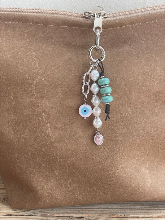 Pearls & Turquoise Evil Eye Bag Charm - Bag Accessory - Gift for Her