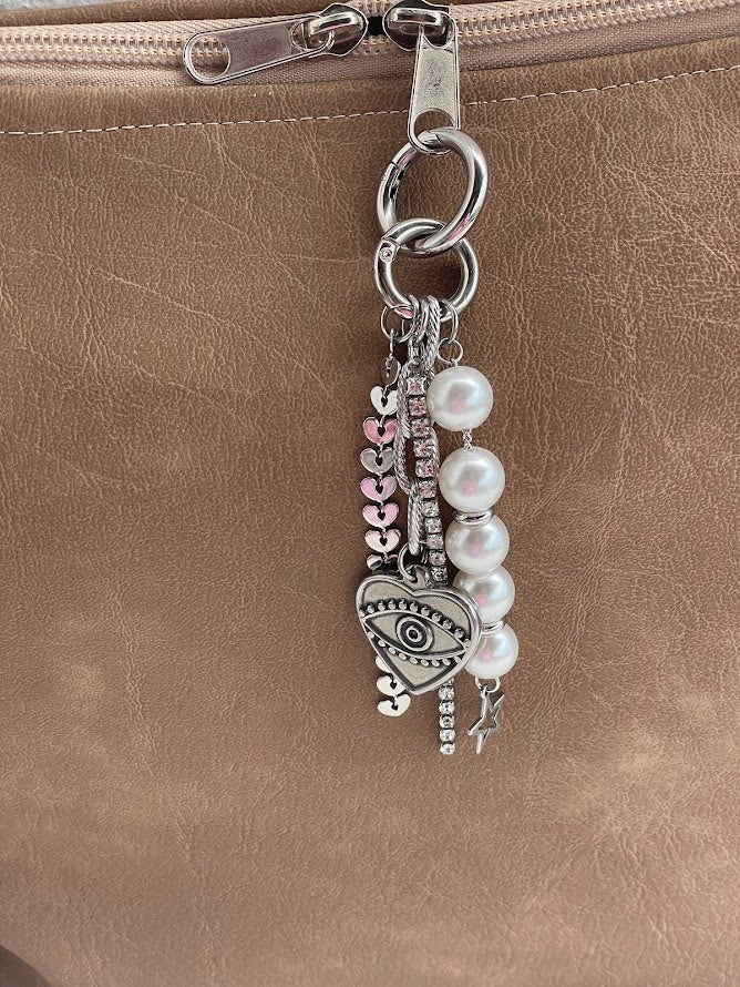 Pearls & Heart Bag Charm - Bag Accessory - Gift for Her