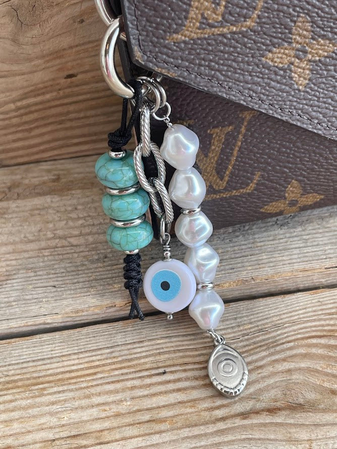 Pearls & Turquoise Evil Eye Bag Charm - Bag Accessory - Gift for Her