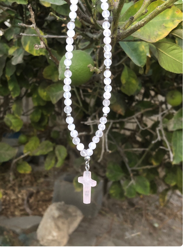 Rose Quartz Cross Mirror Charm – Car Protection - Car Gift