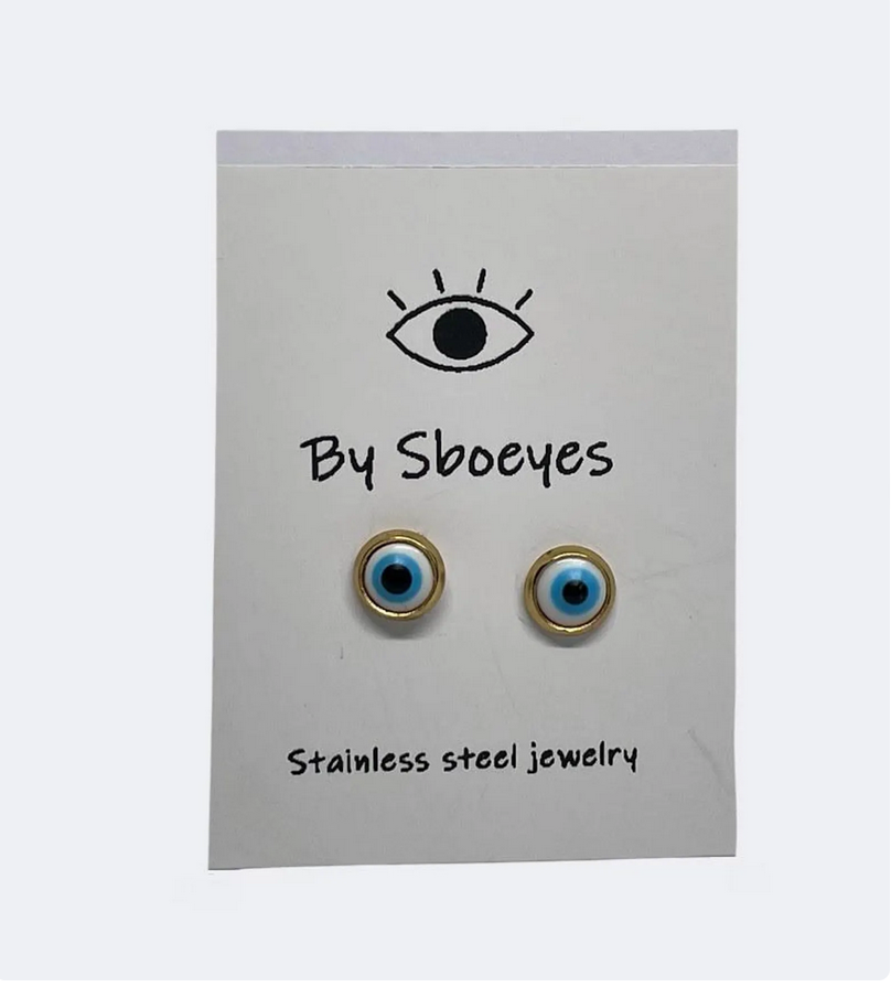 Boucles d'Oreilles Clous Oeil Blanc acier doré