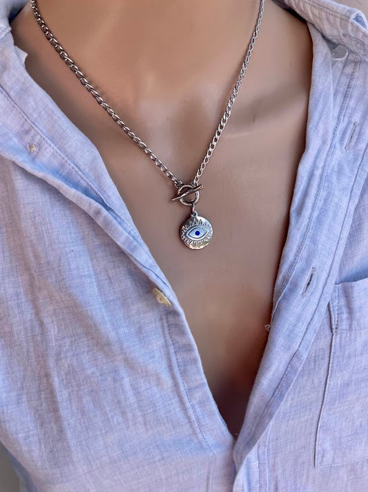 Collier Oeil Bleu en Acier Avec Strass