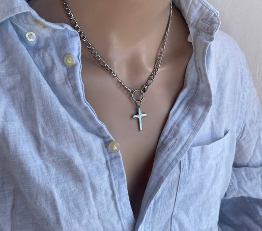 Collier Croix en Acier Chaine Figaro - Bijou Femme