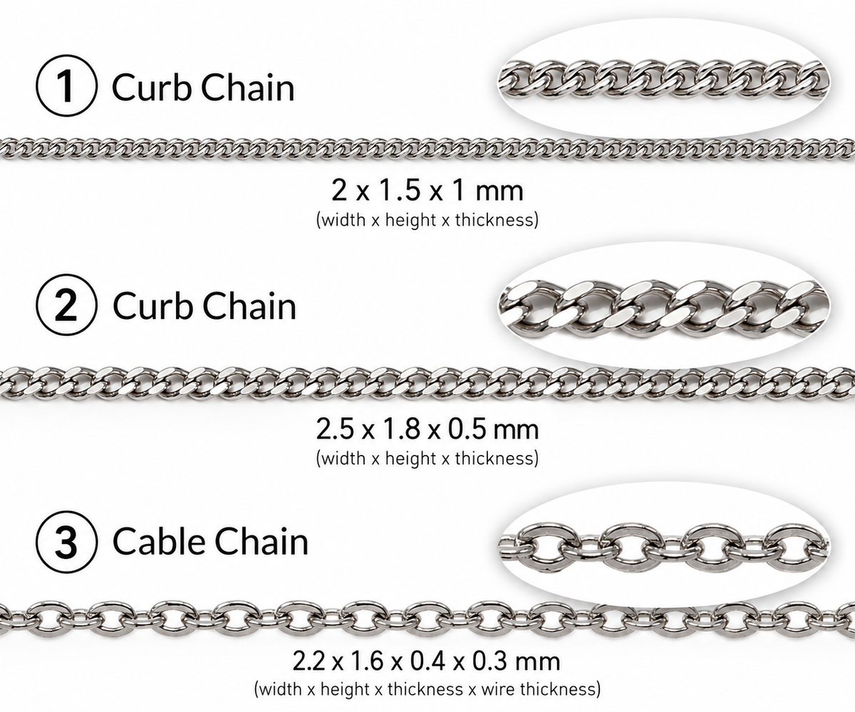 A comparison chart showing three types of chain links: 1) Curb Chain at 2 x 1.5 x 1 mm, 2) Curb Chain at 2.