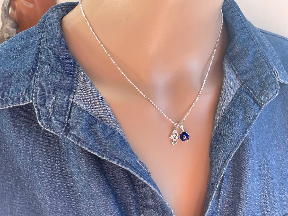 Evil Eye Hamsa Hand Necklace - Silver Necklace