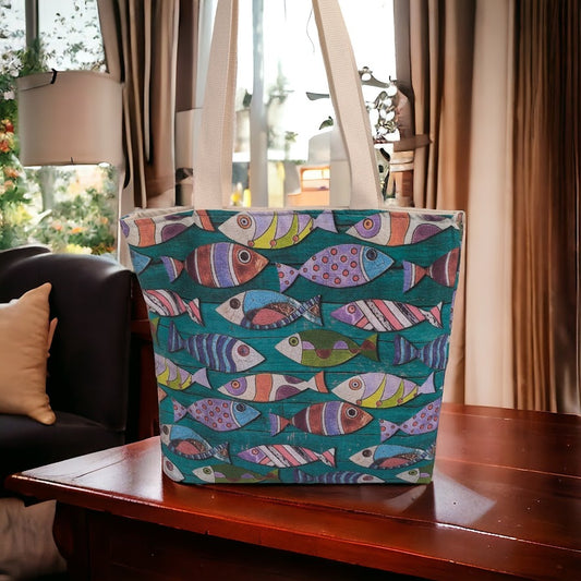 Turquoise Fishes Cotton Lined Tote Bag | Greek Summer Gift