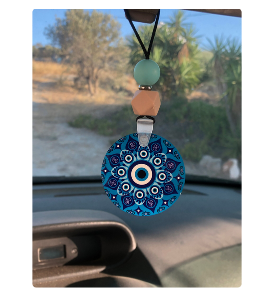 Bijou de Retroviseur en Bois - Oeil Bleu et Motif Grec