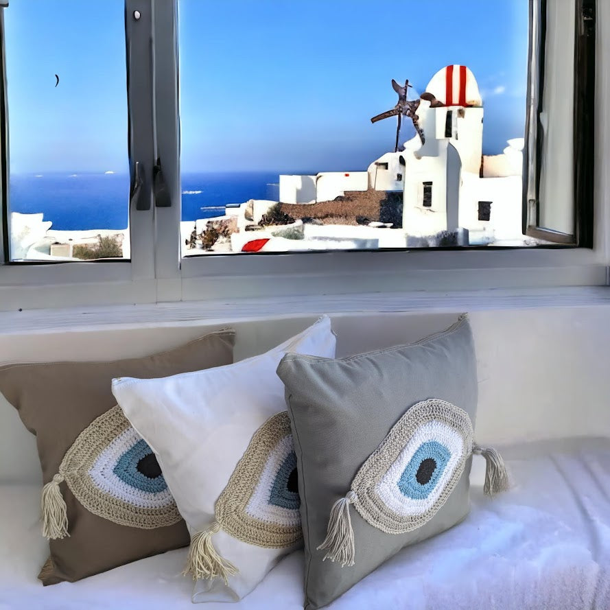 Housse de Coussin Oeil Bleu au Crochet - Décoration Maison