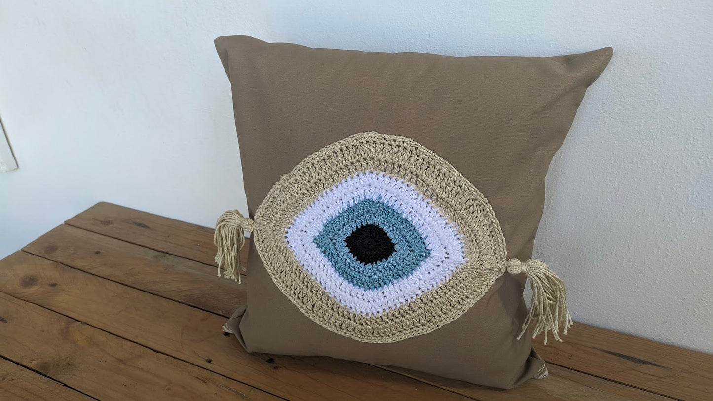 Housse de Coussin Oeil Bleu au Crochet - Décoration Maison