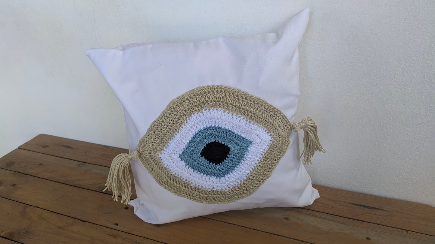Housse de Coussin Oeil Bleu au Crochet - Décoration Maison
