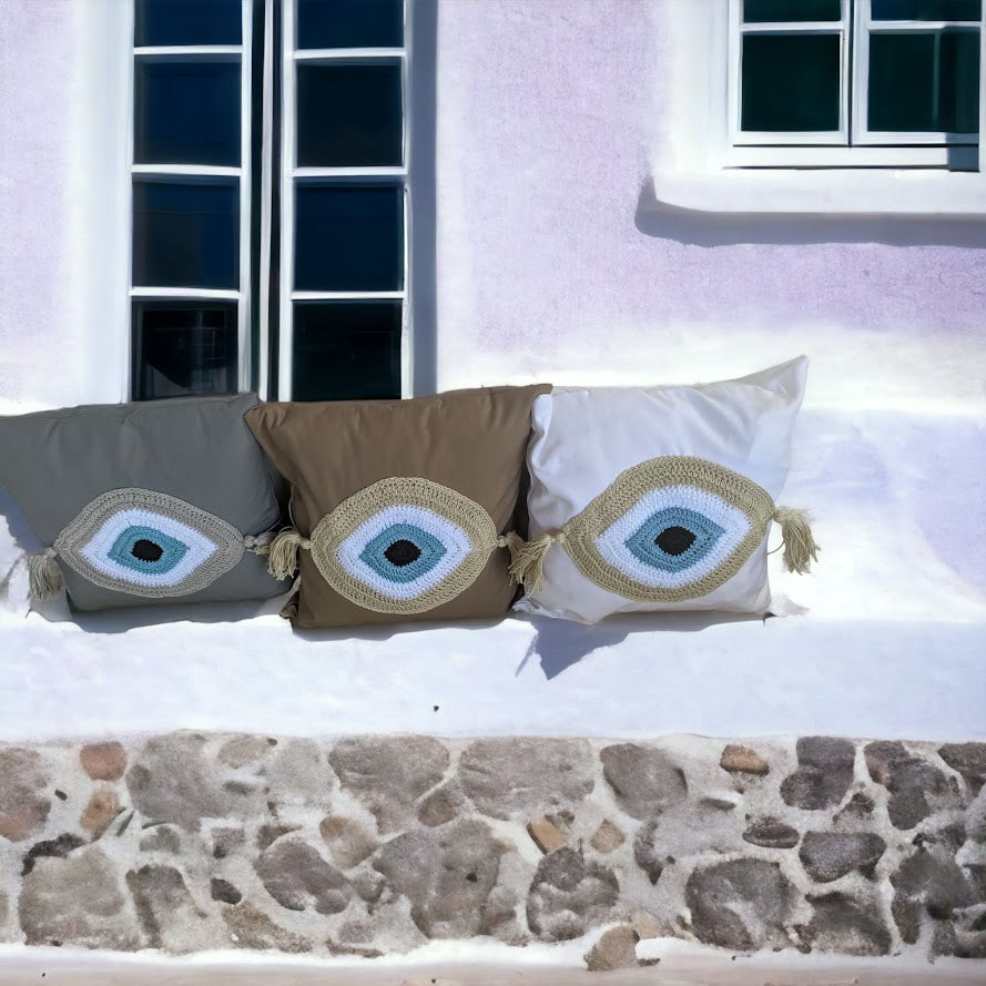 Housse de Coussin Oeil Bleu au Crochet - Décoration Maison